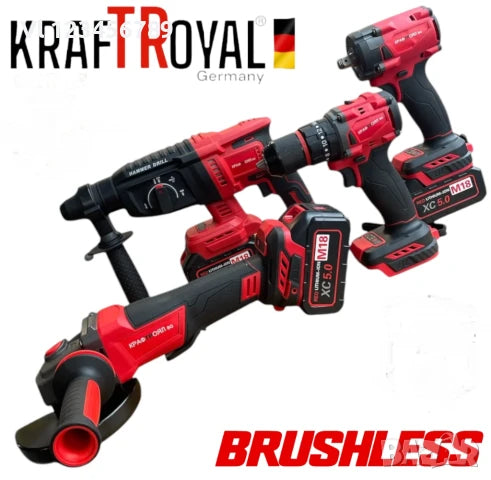 Безчетков комплект / Акумулаторен перфоратор, ъглошлайф 125ММ, гайковерт и винтоверт 18V с 3 бр. батерии 5AH в куфар и зарядно