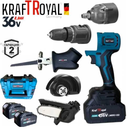 Мултифункционален Инструмент 5 Сменяеми Глави Винтоверт Гайковерт Саблен Трион Резачка за Клони и Ъглошлайф KRAFTROYAL 36V 8,0AH 5в1
