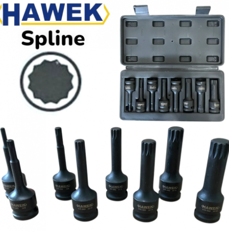 УДАРНИ БИТОВЕ КОМПЛЕКТ ВЛОЖКИ 1/2 – SPLINE 8 ЧАСТИ HAWEK HW-2052