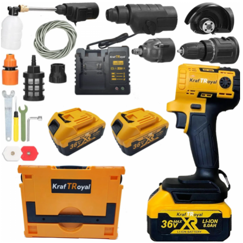 Мултифункционален Инструмент 5 Сменяеми Глави Водоструйка Винтоверт Гайковерт-Импакт Перфоратор и Ъглошлайф Акумулаторен KRAFT ROYAL 36V 8,0AH 2х Батерии 5в1