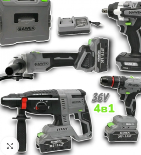 Акумулаторен перфоратор, ъглошлайф 125ММ, гайковерт и винтоверт 36V с 3 бр. батерии в куфар