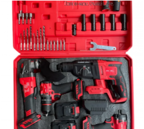 Безчетков комплект / Акумулаторен перфоратор, ъглошлайф 125ММ, гайковерт и винтоверт 18V с 3 бр. батерии 5AH в куфар и зарядно