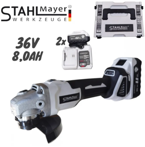 АКУМУЛАТОРЕН УДАРЕН ЪГЛОШЛАЙФ 36V 8,0AH STAHLMAYER 125ММ БЕЗЧЕТКОВ ШЛАЙФ БЕЗЖИЧЕН