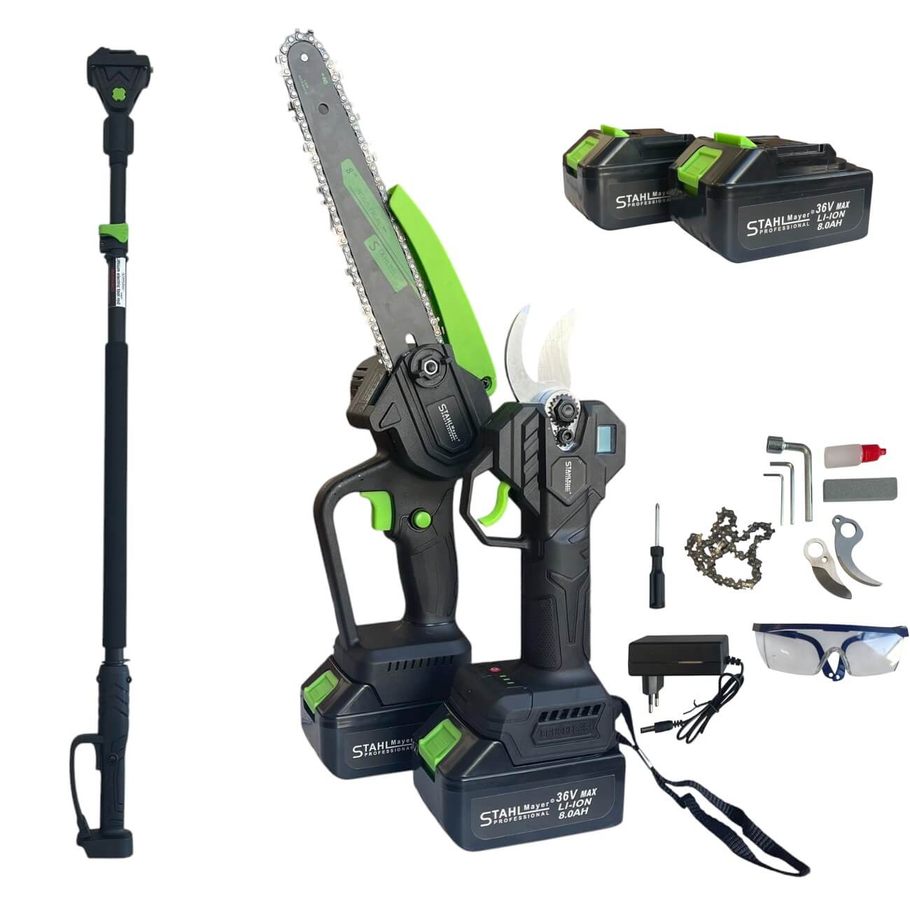 3в1 Акумулаторна Лозарска Ножица и Трион с Омасляване и телескопичен прът 36V 8AH STAHLMAYER BLACK