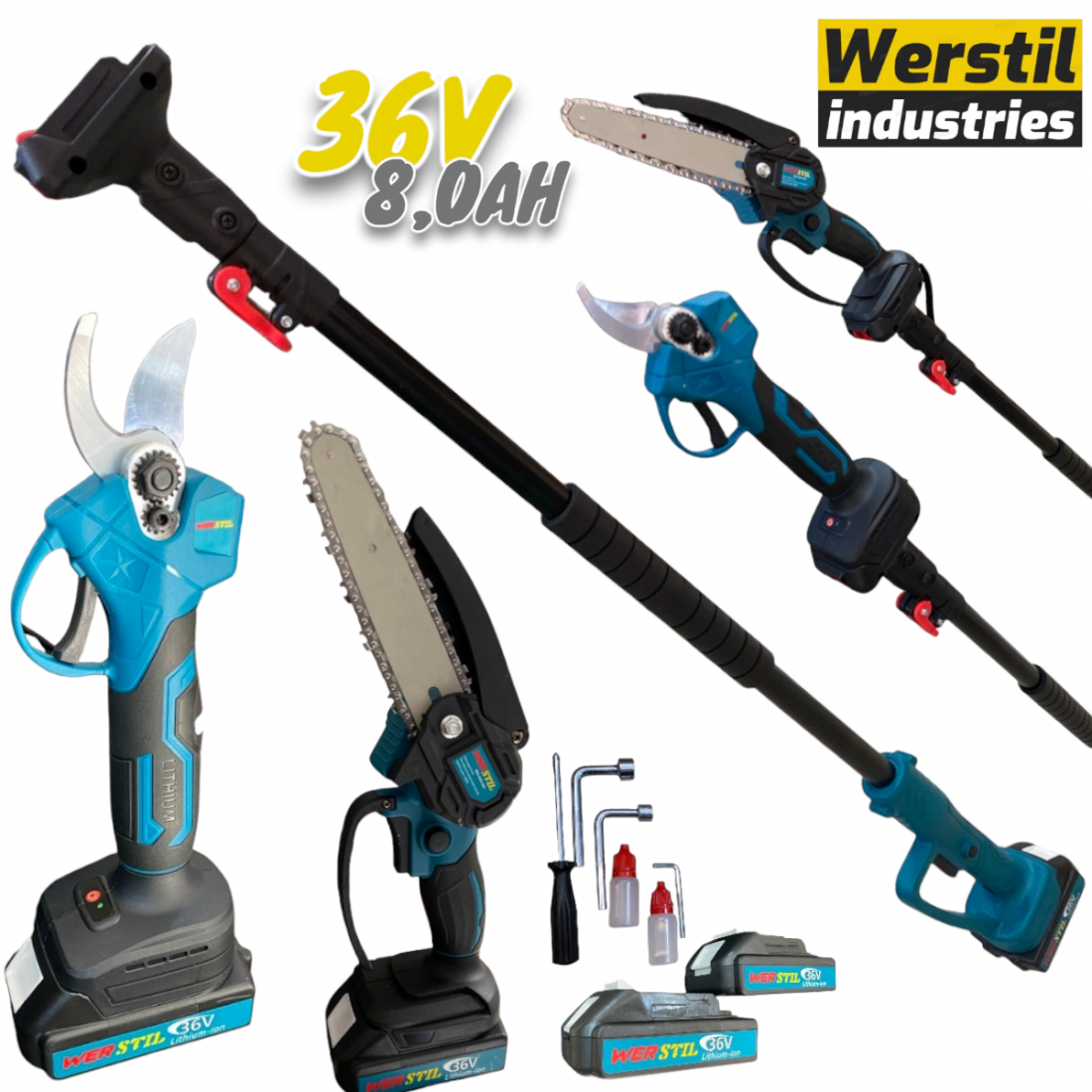 3в1 Градински Комплект Телескопичен Прът Акумулаторна Ножица и Резачка За Клони и Лозето 36V 8,0AH