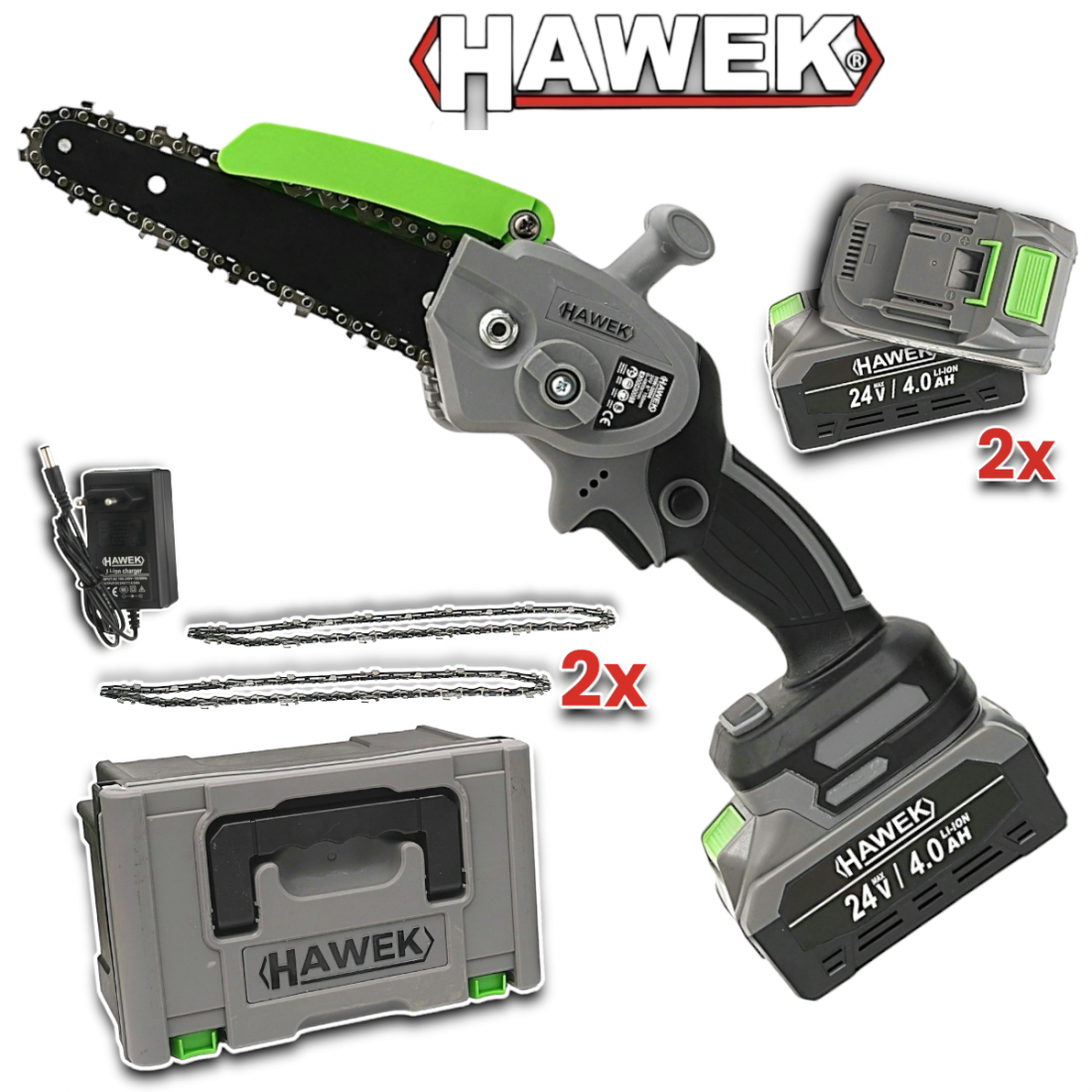 Акумулаторен Верижен Трион 24V 4,0AH HAWEK 15см Шина 2X Батерии 2х Вериги