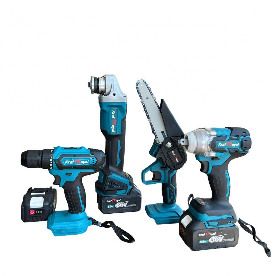 Акумулаторен трион 15 см шина, ъглошлайф 125ММ, гайковерт и винтоверт 36V с 3 бр. батерии 8AH в куфар и зарядно