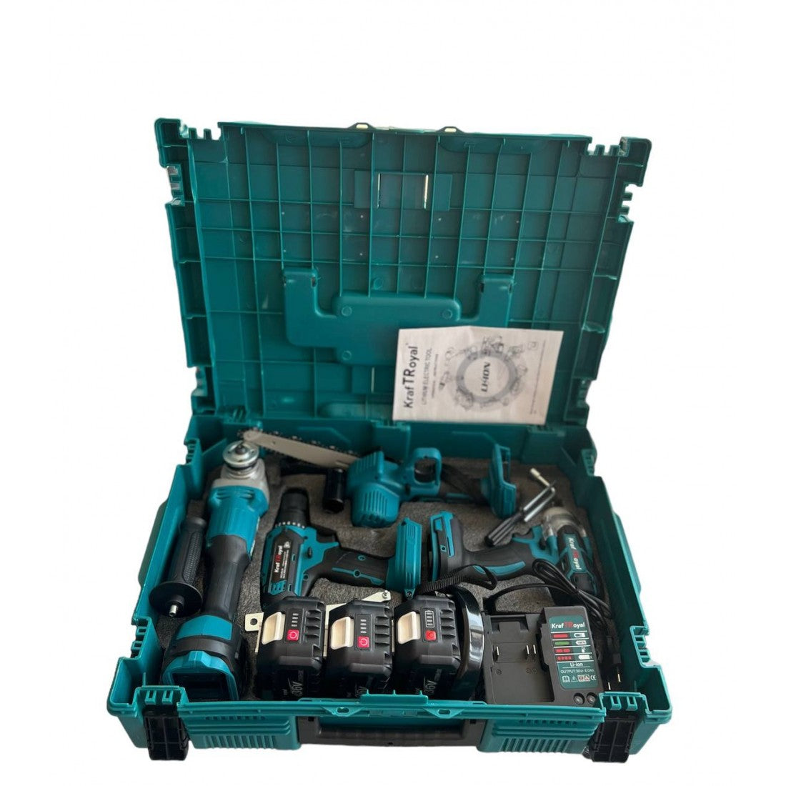 Акумулаторен трион 15 см шина, ъглошлайф 125ММ, гайковерт и винтоверт 36V с 3 бр. батерии 8AH в куфар и зарядно