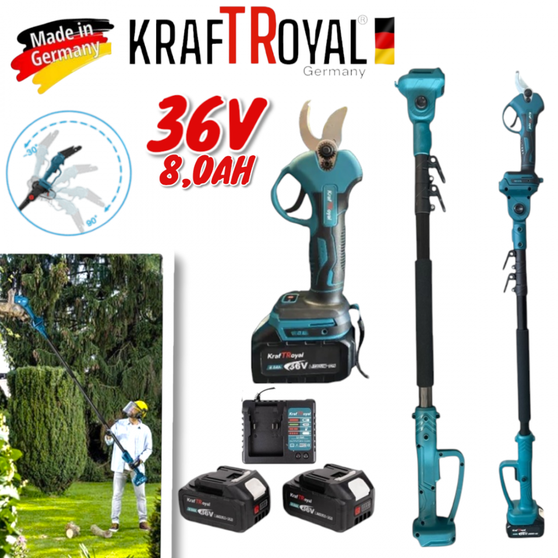 Акумулаторна Лозарска Ножица с Телескопичен Прът 36V 8,0AH KRAFTROYAL 2 Батерии