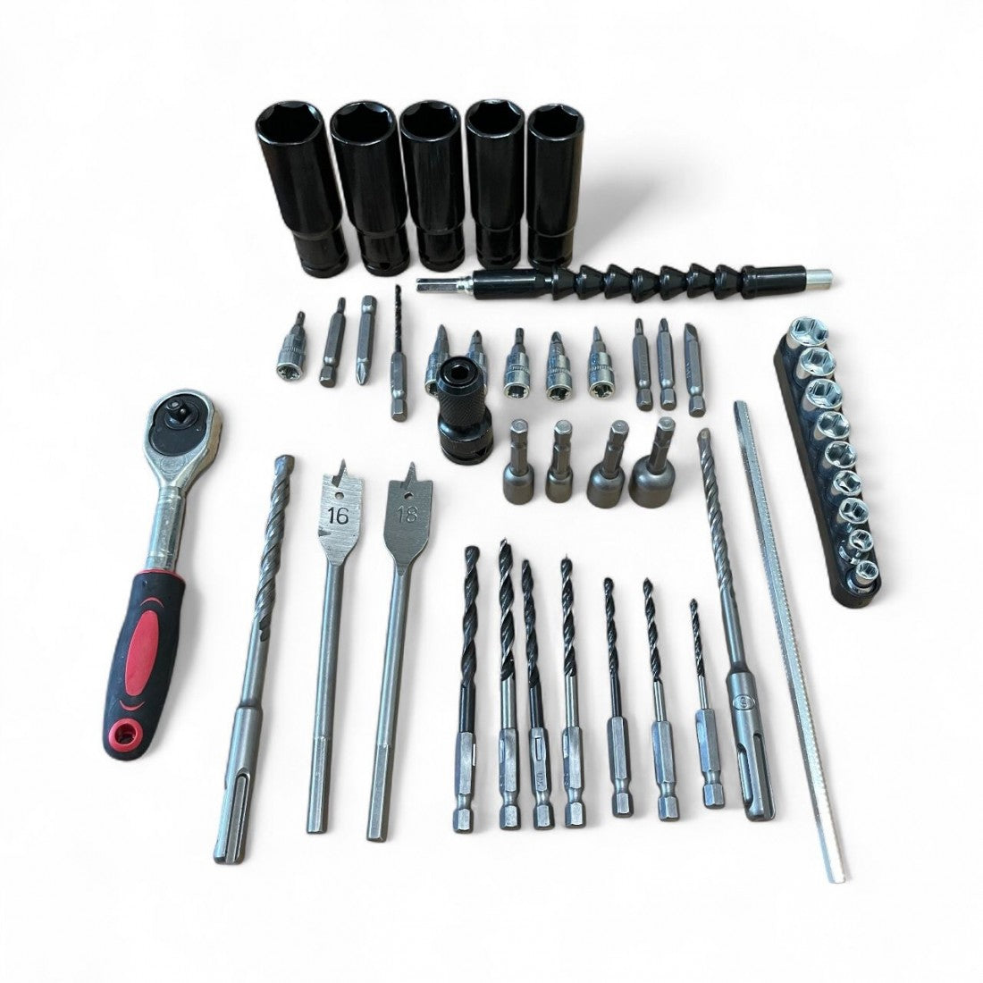 КОМПЛЕКТ 7 В 1 ОТ АКУМУЛАТОРЕН ПЕРФОРАТОР, ВИНТОВЕРТ, ГАЙКОВЕРТ, ЪГЛОШЛАЙФ, САБЛЕН ТРИОН , РЕЗАЧКА С ОМАСЛЯВАНЕ И LED ЛАМПА 36V 10AH - С 4 БАТЕРИИ И ЧАСТИ В КУФАР STAHLMAYER BLACK