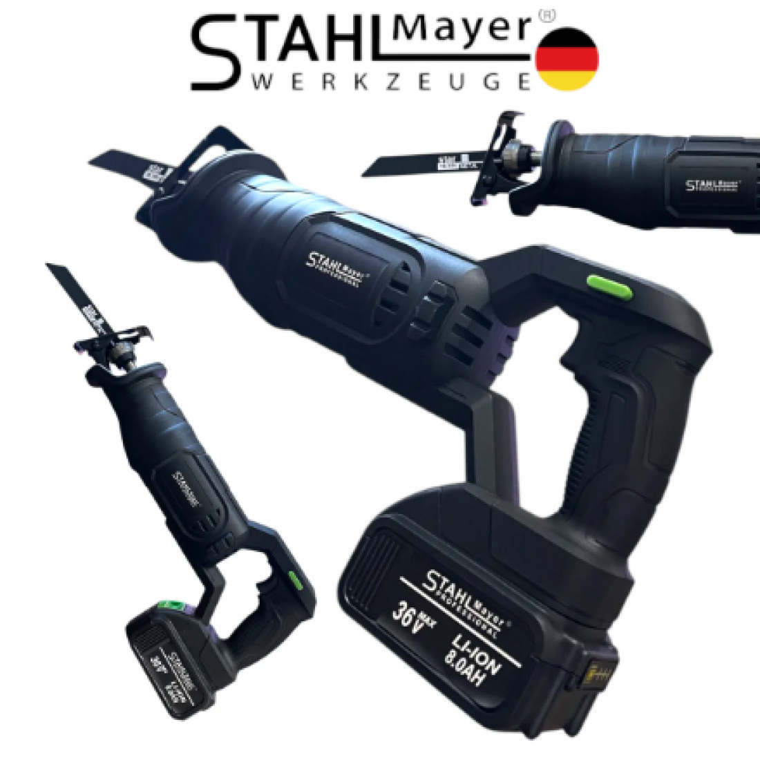 Саблен Трион Акумулаторен STAHLMAYER 36V 8.0AH за Метал Желязко Дърво Пласмата Месо Кости и др. с 2 батерии Безжичен Прав Трион за Рязане