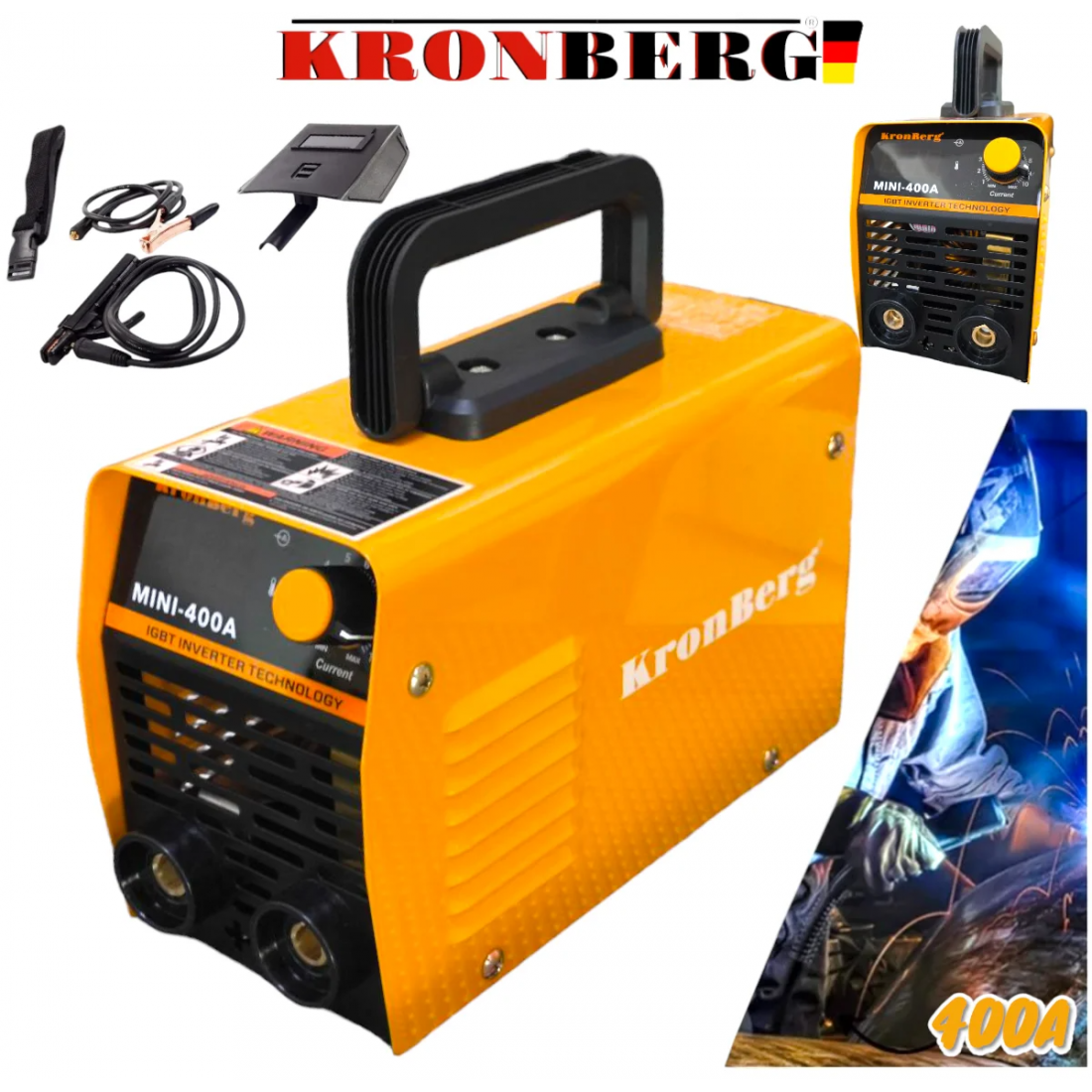 ЕЛЕКТРОЖЕН ИНВЕРТОРЕН 400А С ДИСПЛЕЙ KRONBERG IGBN INVERTER до 5мм Заваряване Заваръчен Апарат + МАСКА ЧУКЧЕТА И ЧЕТКИ КОМПЛЕКТ 2025г.