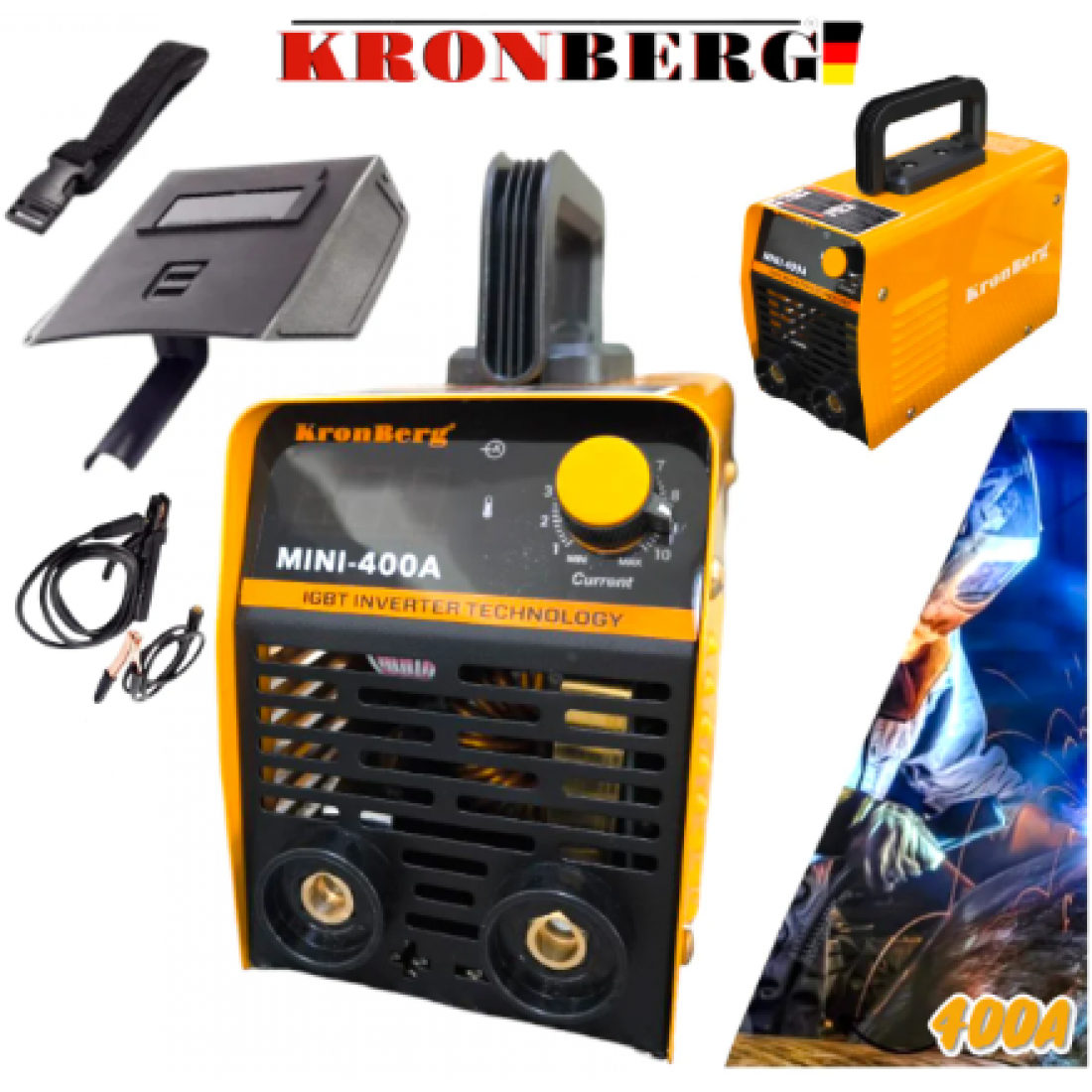Инверторен Електрожен 400А KRONBERG Заваръчен Апарат със Дисплей + Подарък Соларна Маска (Шлем)