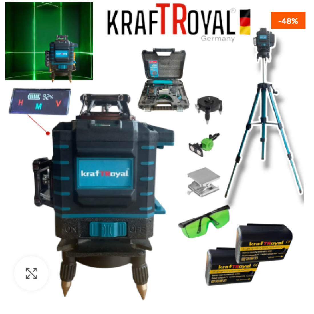 Лазерен Нивелир с 16 линии KRAFTROYAL 4Д със сензор индикация на батерия + тринога