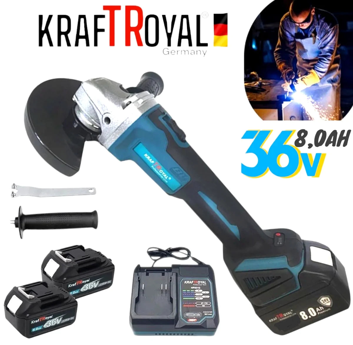 Безчетков Ъглошлайф акумулаторен Kraft 36V + 2 Батерии 8Ah и Зарядно с Куфар