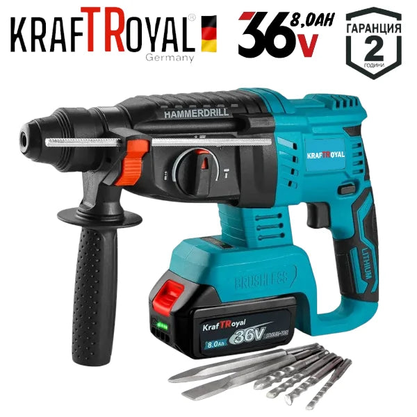 Акумулаторна Прожектор Лампа USB Перфоратор Винтоверт Гайковерт-Импакт и Ъглошлайф 36V 8,0AH KRAFTROYAL Комплект 5в1 с 3 Батерии