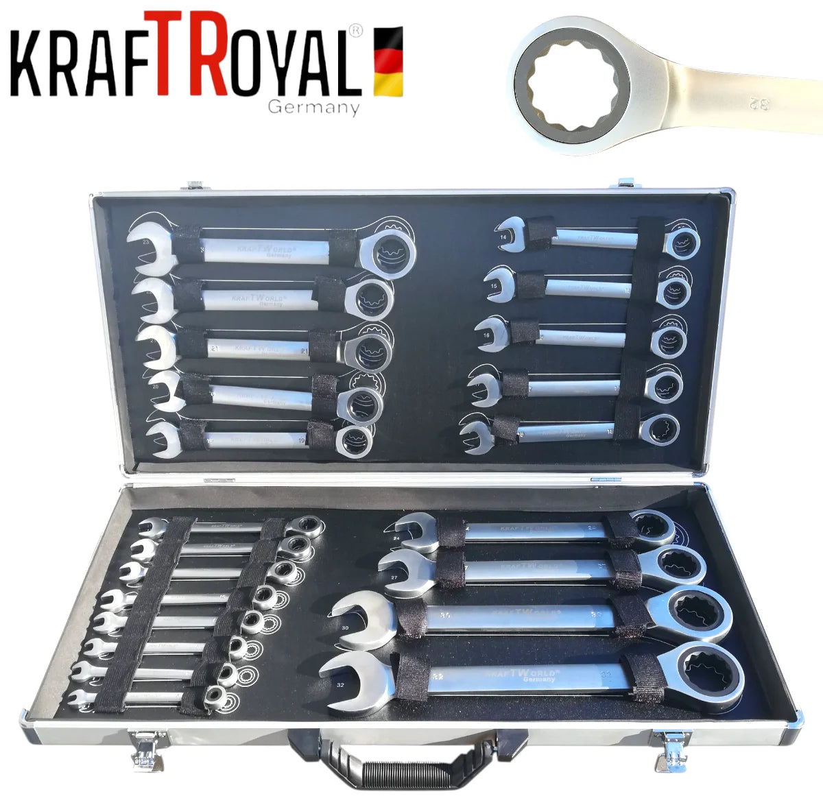 К-т звездогаечни прави тресчотни ключове от 6мм до 32мм , 22 части в метален куфар KraftRoyal
