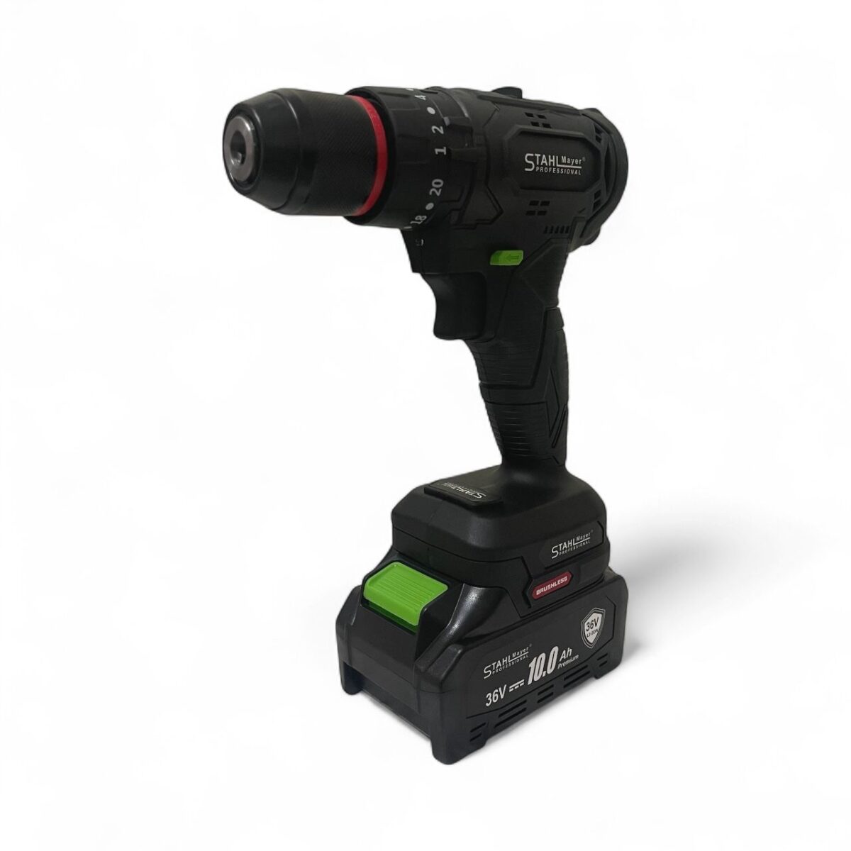 КОМПЛЕКТ 7 В 1 ОТ АКУМУЛАТОРЕН ПЕРФОРАТОР, ВИНТОВЕРТ, ГАЙКОВЕРТ, ЪГЛОШЛАЙФ, САБЛЕН ТРИОН , РЕЗАЧКА С ОМАСЛЯВАНЕ И LED ЛАМПА 36V 10AH - С 4 БАТЕРИИ И ЧАСТИ В КУФАР STAHLMAYER BLACK