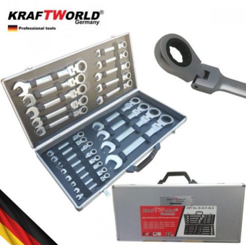 К-т звездогаечни чупещи тресчотни ключове от 6мм до 32мм 22 части в метален куфар KRAFTWELLE Germany