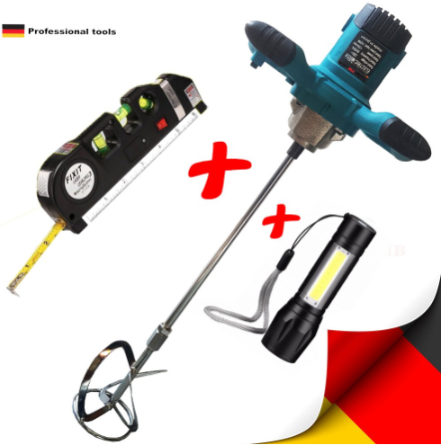 Немски Строителен миксер 2400W бъркалка за бетон + лазарен невелир с ролетка + USB фенер