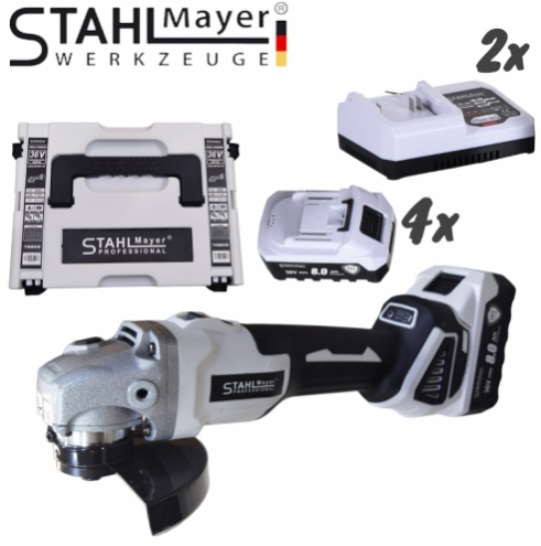 2В1 АКУМУЛАТОРЕН ЪГЛОШЛАЙФ 125ММ И БЕЗЖИЧЕН ГАЙКОВЕРТ-ВИНТОВЕРТ БЕЗЧЕТКОВ УДАРЕН 36V 8,0AH STAHLMAYER 4X БАТЕРИЯ 2 ЗАРЯДНО В КУФАР РАКЕТА