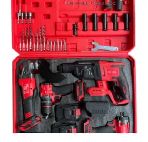 Безчетков комплект / Акумулаторен перфоратор, ъглошлайф 125ММ, гайковерт и винтоверт 18V с 3 бр. батерии 5AH в куфар и зарядно