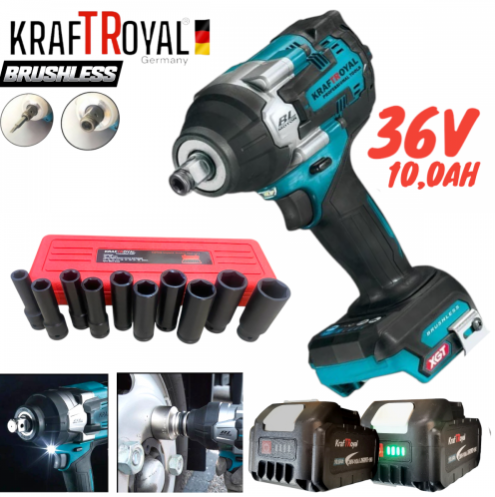Акумулаторен Комбиниран Гайковерт / Импакт Безжичен Акумулаторен Безчетков KRAFT ROYAL 36V 8.0AH 2 Броя Батерия + 10 броя Удължени Ковани Вложки 10-24мм