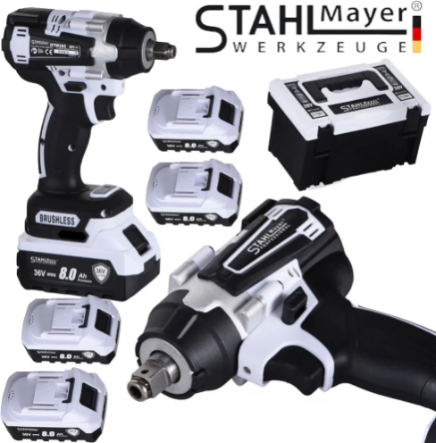 2В1 АКУМУЛАТОРЕН ЪГЛОШЛАЙФ 125ММ И БЕЗЖИЧЕН ГАЙКОВЕРТ-ВИНТОВЕРТ БЕЗЧЕТКОВ УДАРЕН 36V 8,0AH STAHLMAYER 4X БАТЕРИЯ 2 ЗАРЯДНО В КУФАР РАКЕТА