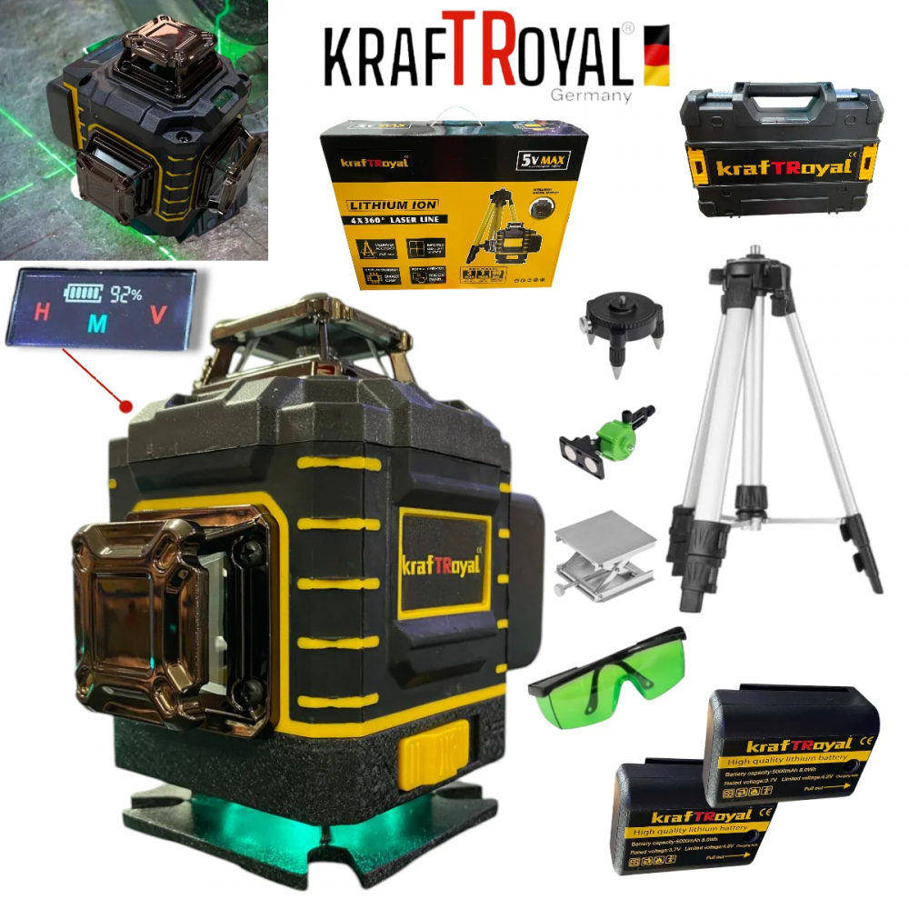 Лазерен Нивелир с 16 линии KRAFTROYAL 4Д със сензор индикация на батерия + тринога