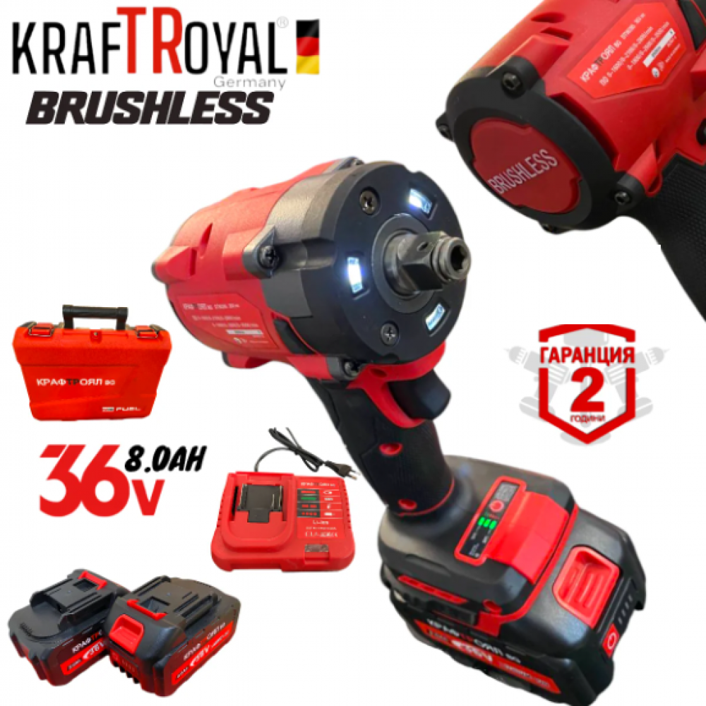 2в1 Акумулаторен Ъглошлайф и Гайковерт / Импакт KRAFTROYAL 36V 8,0AH 2 батерии Шлайф Червен Комплект