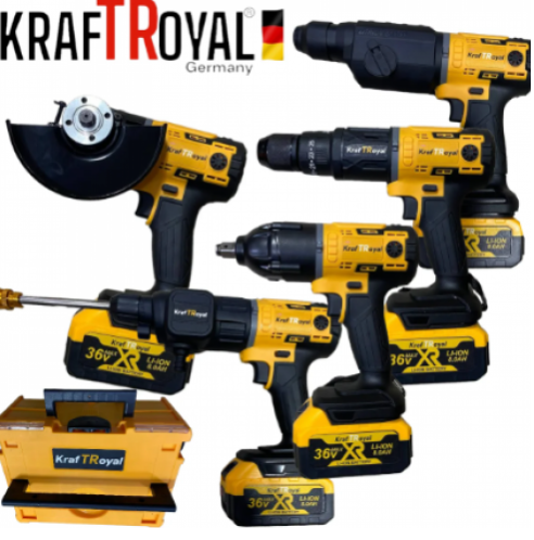 Мултифункционален Инструмент 5 Сменяеми Глави Водоструйка Винтоверт Гайковерт-Импакт Перфоратор и Ъглошлайф Акумулаторен KRAFT ROYAL 36V 8,0AH 2х Батерии 5в1