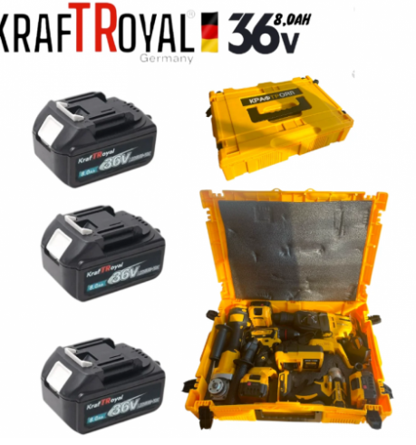 Акумулаторен перфоратор, ъглошлайф 125ММ, гайковерт и винтоверт KraftRoyal 36V с 3 бр. батерии 8AH в куфар и зарядно