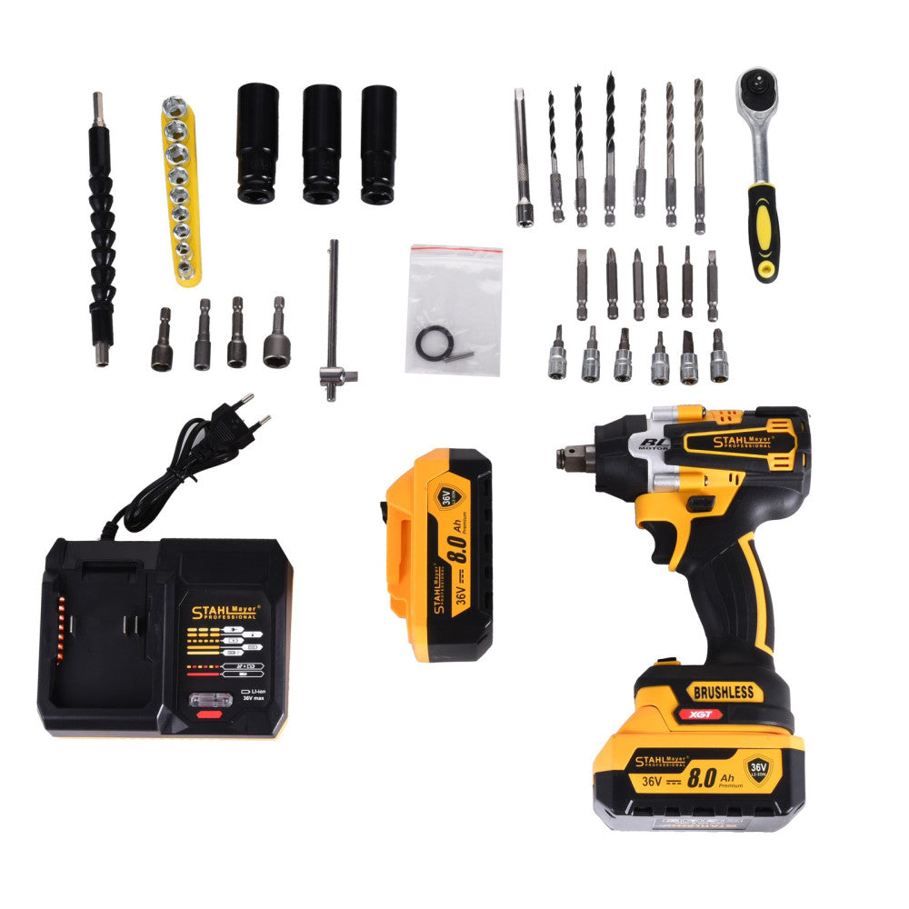АКУМУЛАТОРЕН УДАРЕН ГАЙКОВЕРТ НА 1/2 И ИМПАКТ. 2V1 STAHLMAYER 36V – 850NM. + 40 ЧАСТИ ИНСТРУМЕНТИ