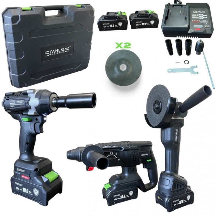 Акумулаторен комплект 4в1 , гайковерт-винтоверт , ъглошлайф , перфоратор 36v 10.0A , STAHLMAYER BLACK PRO