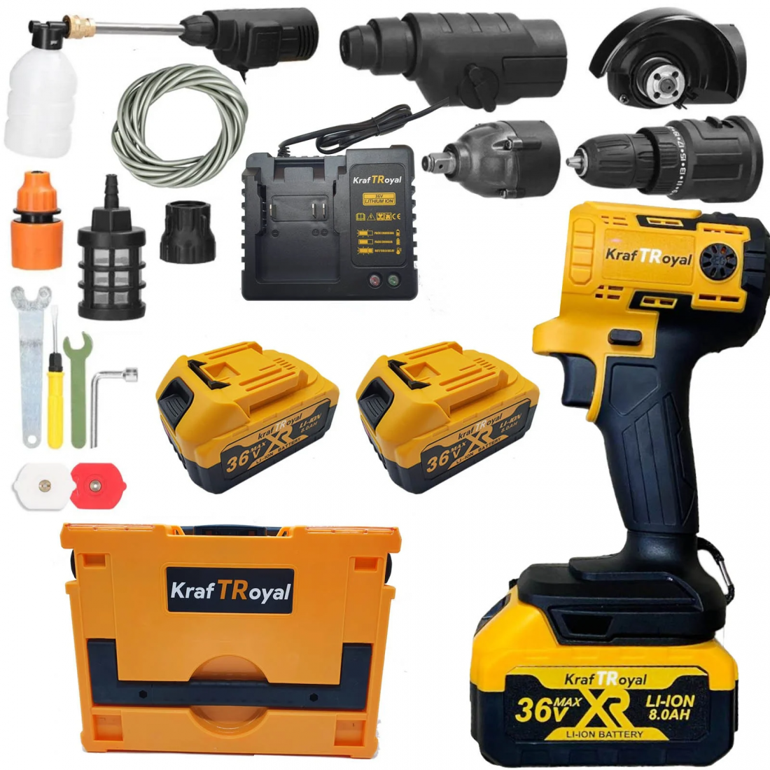 Мултифункционален Инструмент 5 Сменяеми Глави Водоструйка Винтоверт Гайковерт-Импакт Перфоратор и Ъглошлайф Акумулаторен KRAFT ROYAL 36V 8,0AH 2х Батерии 5в1