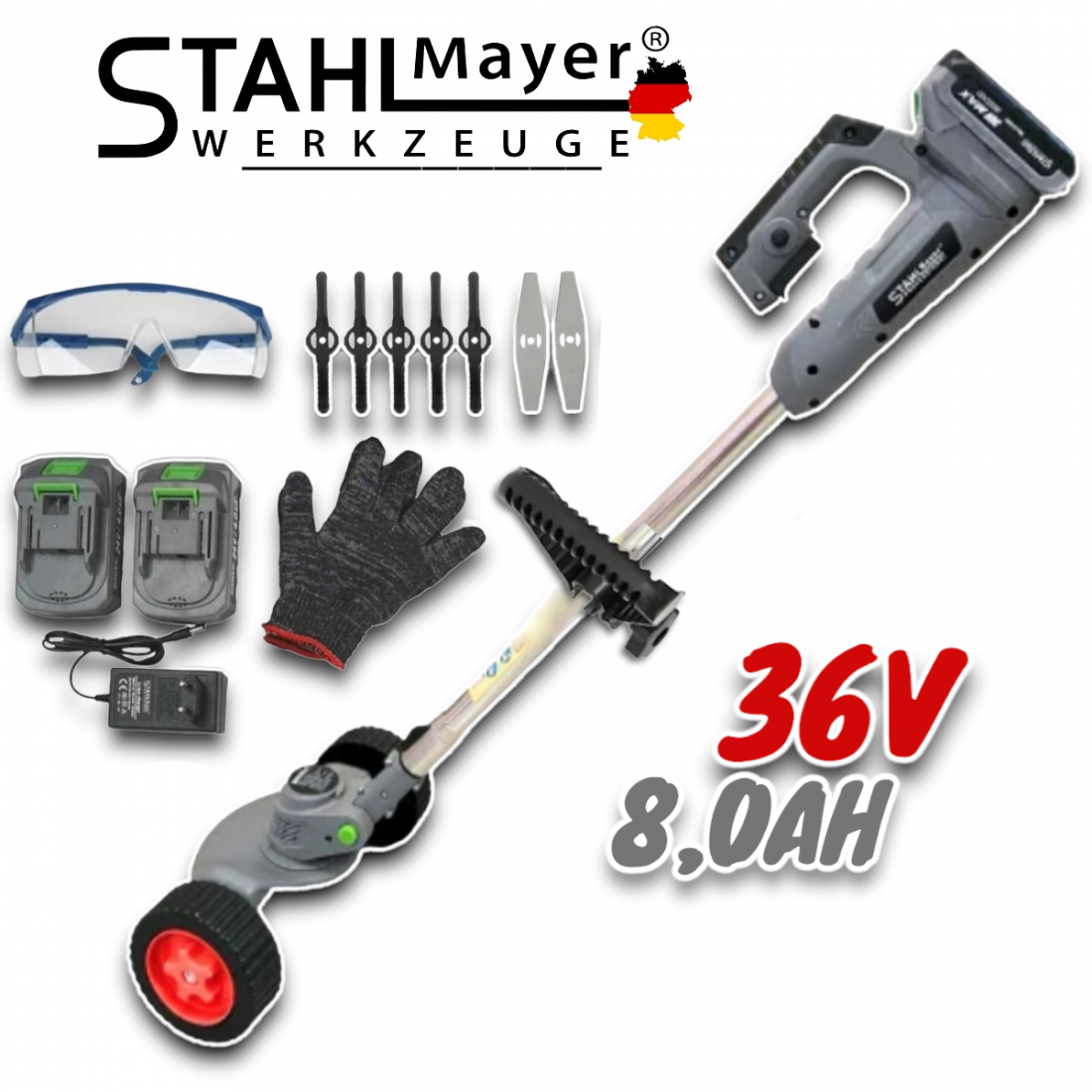 Акумулаторен Тример с Колела 36V 8,0AH Градински Храсторез за Трева STAHLMAYER 2x Батерии