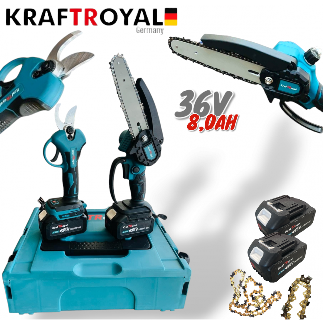 2в1 Акумулаторна Резачка с Автоматично Смазване на Веригата и Лозарска Ножица за Клони 36V 8,0AH KRAFTROYAL 2 батерии в куфар