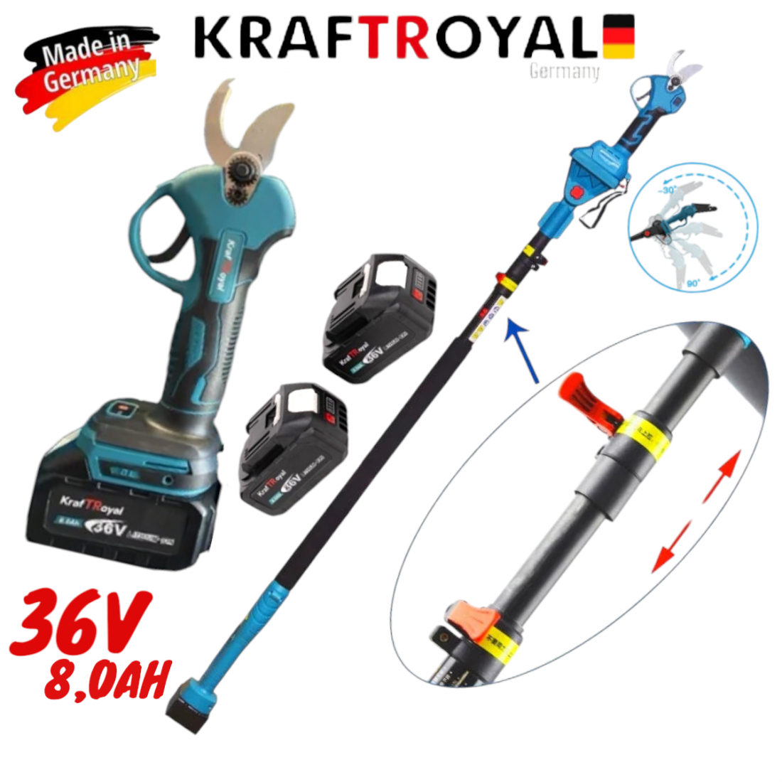 Акумулаторна Лозарска Ножица с Телескопичен Прът 36V 8,0AH KRAFTROYAL 2 Батерии