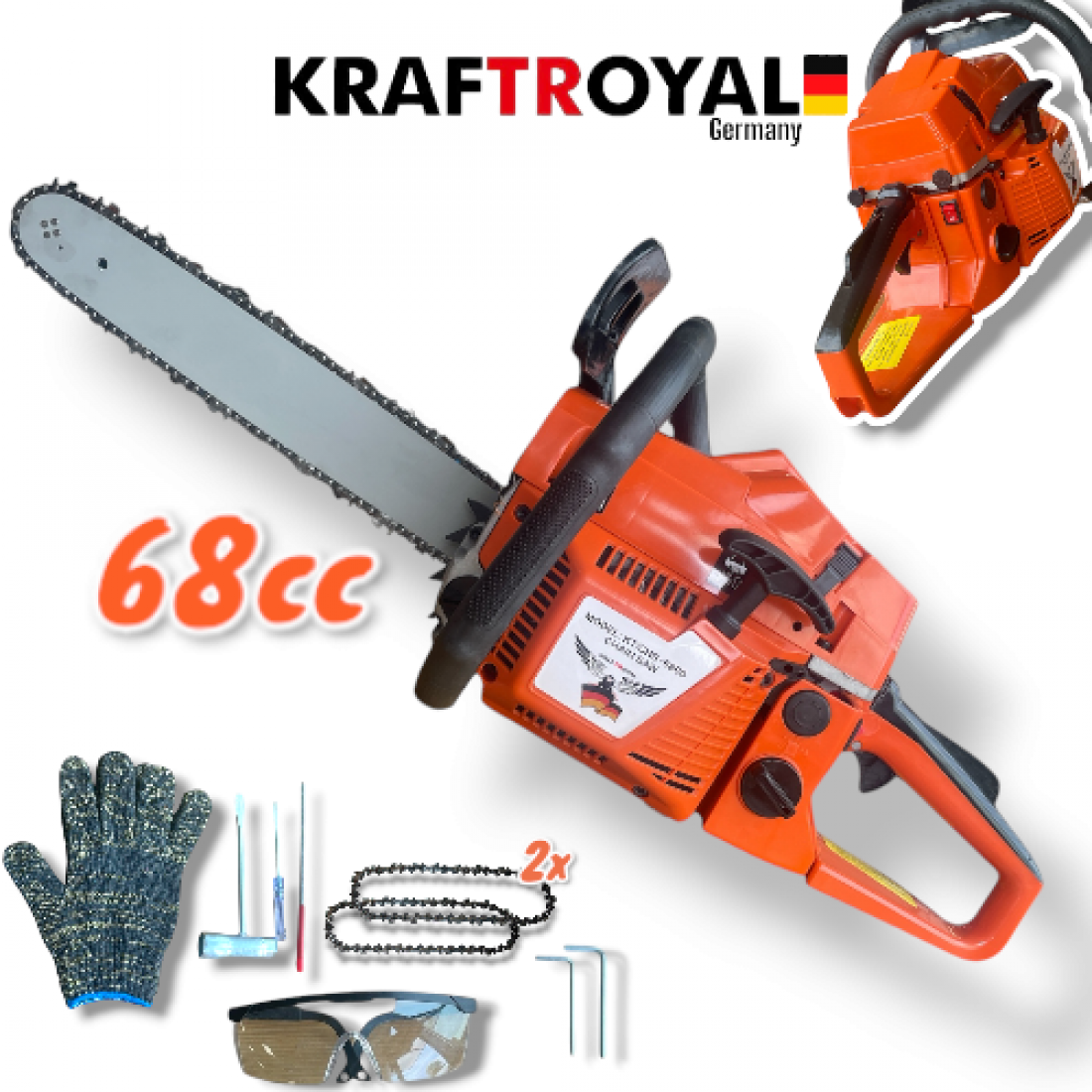 Бензинова Резачка за Дърва KRAFT Бензинов Моторен Верижен Трион 40см шина 7,5к.с 68 Кубика