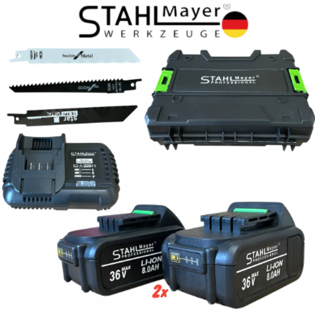Саблен Трион Акумулаторен STAHLMAYER 36V 8.0AH за Метал Желязко Дърво Пласмата Месо Кости и др. с 2 батерии Безжичен Прав Трион за Рязане