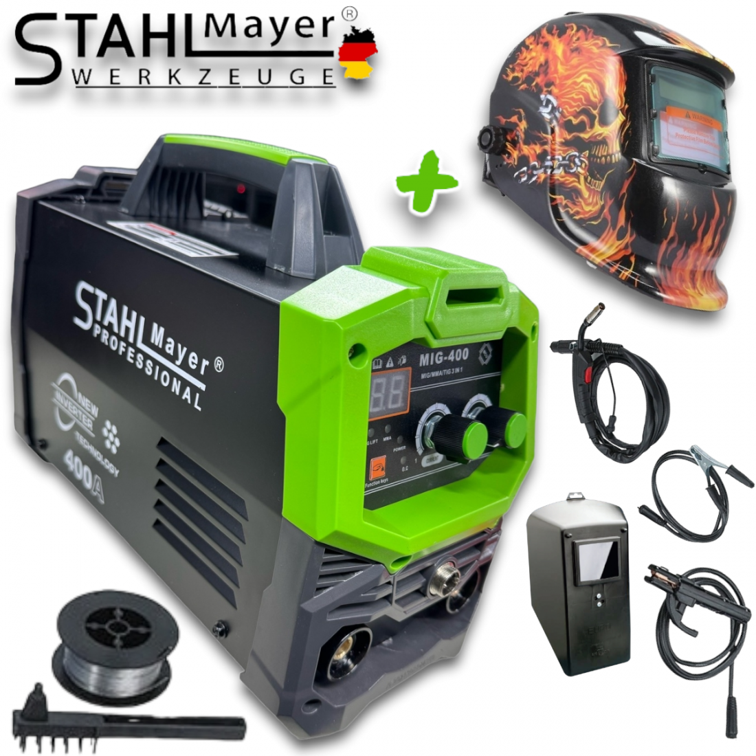2в1 Електрожен с Телоподаващо 400А + Соларен Шлем Маска STAHLMAYER с Ролка модел: 2024