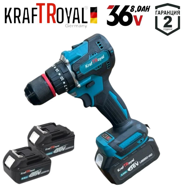 Акумулаторен Лазерен Нивелир Перфоратор Винтоверт Гайковерт-Импакт и Ъглошлайф 36V 8,0AH KRAFTROYAL Комплект 5в1 с 3 Батерии