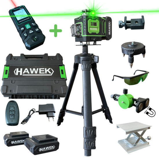 ПРОФЕСИОНАЛЕН ЛАЗЕРЕН НИВЕЛИР HAWEK 4D 16 ЛИНИИ + ЛАЗЕРНА РОЛЕТКА 50 МЕТРА