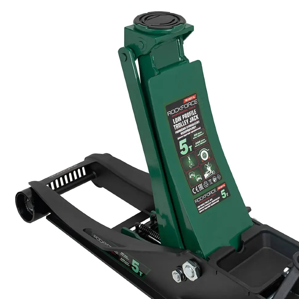 Професионален хидравличен крик „Крокодил“ ROCKFORCE 5T, нископрофилен, с педал и двойна помпа (96–595 мм)